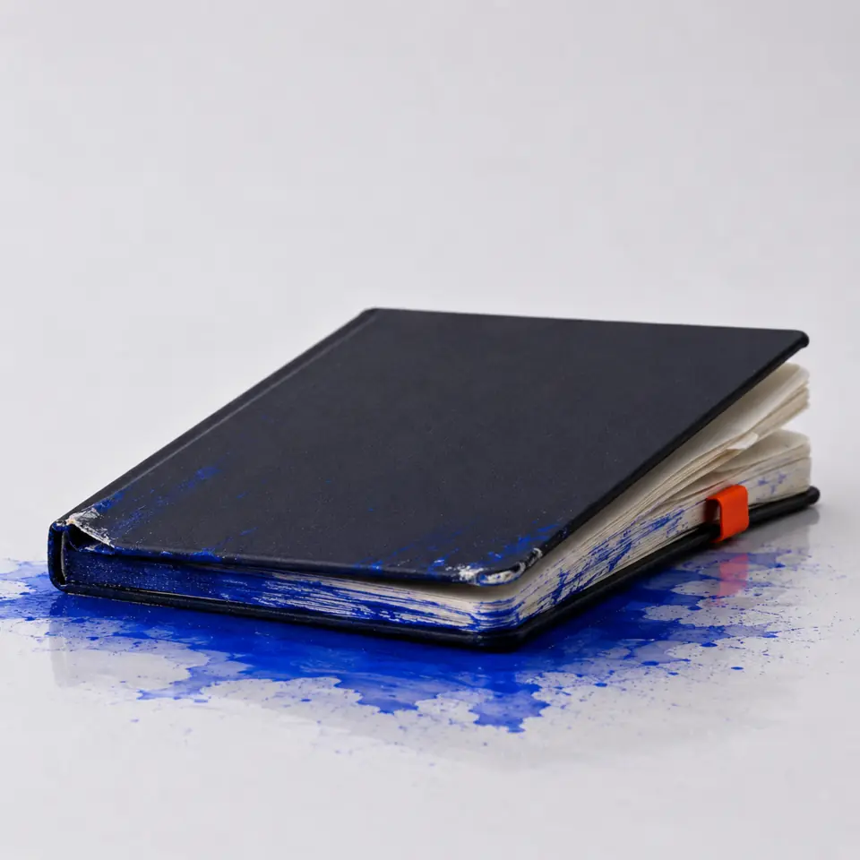 Un carnet noir marqué par l’encre cobalt après l’impact.